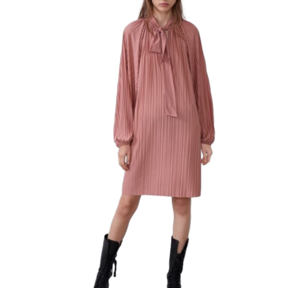 Zara Pink Pleated Long Sleeve Dress with Neck Ties size Medium